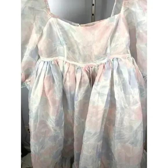 SELKIE French Puff Tulle Organza Floral Midi Dress in Watercolor Size XS - Picture 5 of 9